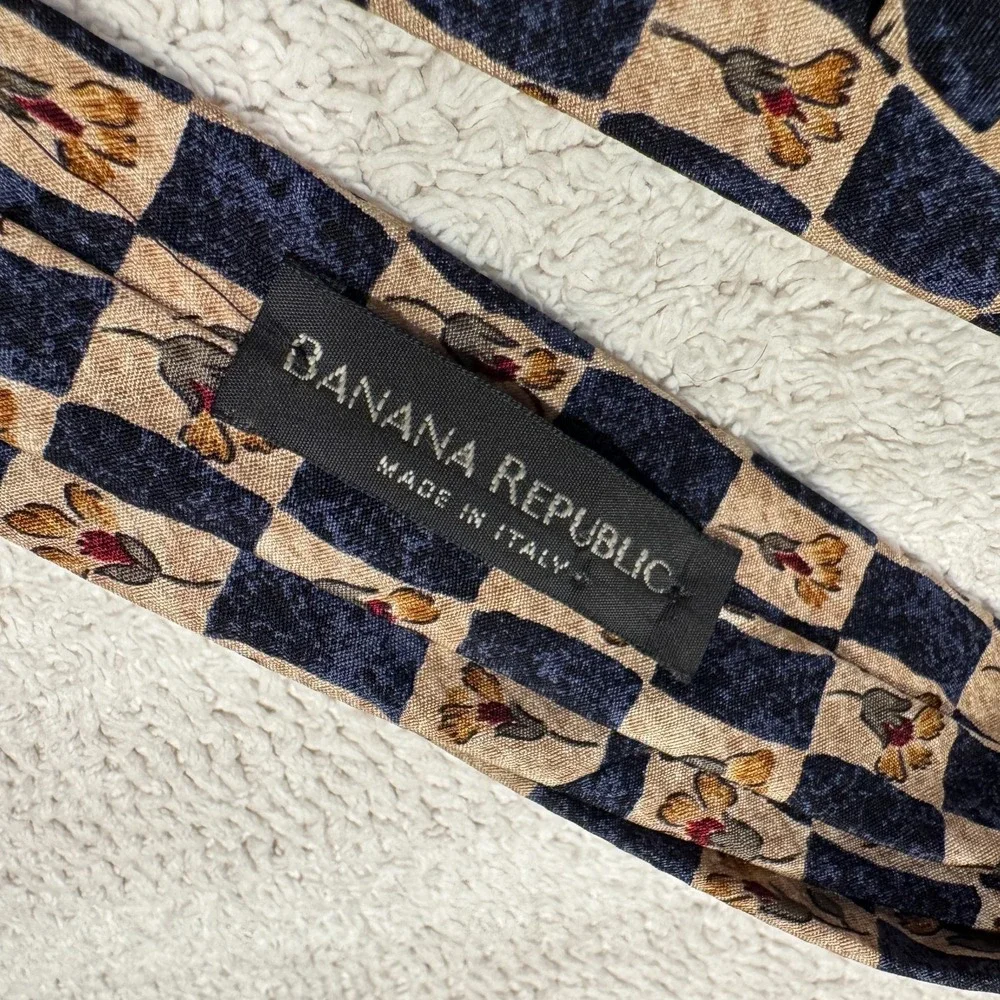 Banana Republic Tie Men OS Blue Tan Floral Check 100% Silk Italy Heritage Preppy